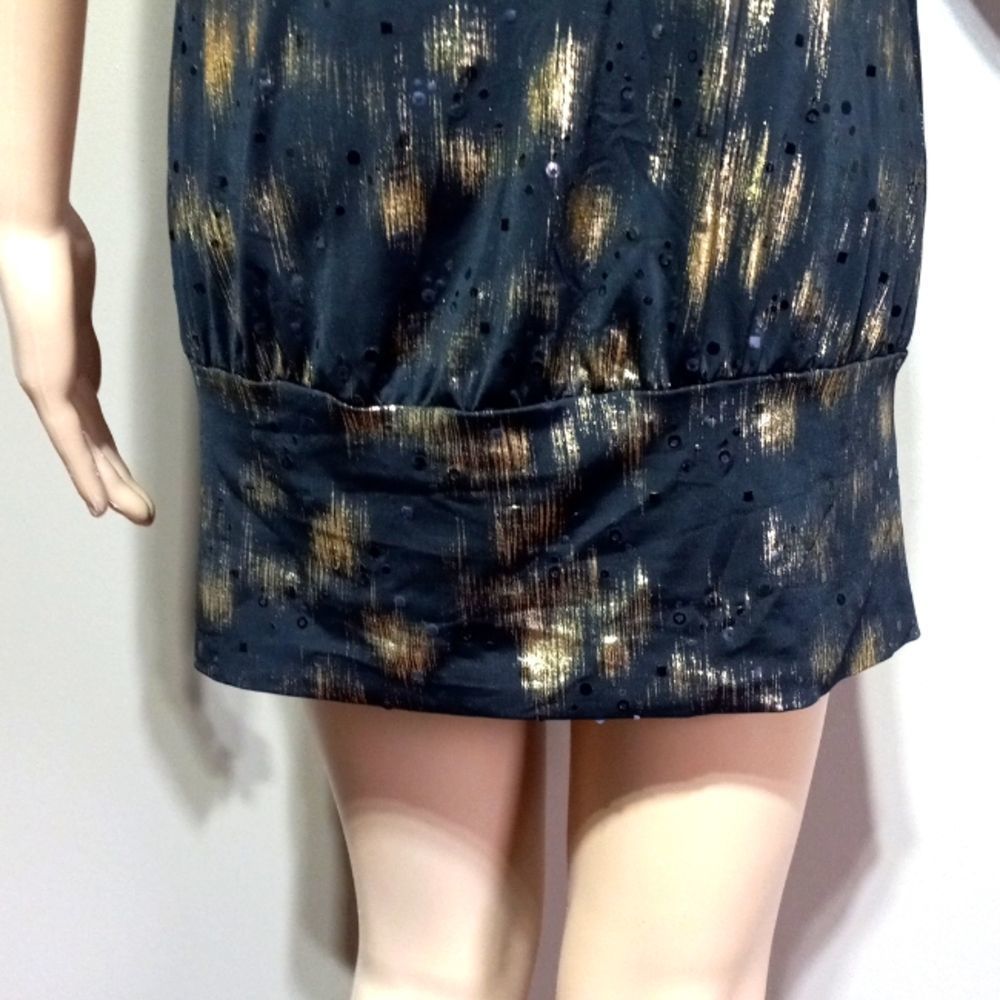 Vintage 80s Icon USA polyester spandex spaghetti strap black / gold dress, sz L - Picture 5 of 8